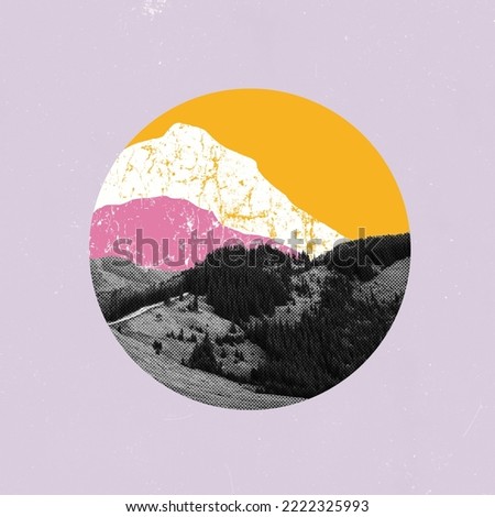 Contemporary art collage. Creative design in retro style. Amazing view of mountains and forest. Multicolored image. Concept of creativity, surrealism, imagination, futuristic landscape. Poster