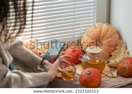 Girl taking photo of pumpkins and autumn leaves on a window. Girl photographing on phone rustic halloween composition. Happy Thanksgiving and Halloween