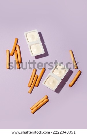 Minimal concept of food and dessert. flat lay, top view. Marshmellow and breadsticks, sweet street snack. Tredy color, hard shadow, menu for cafe, copy space, flyer, banner