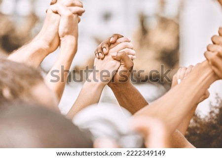 Prayer, hands and people in support of worship, god and religion while holding hands and bonding outdoors. Community, peace and praying by friends with diversity, love and spiritual praise together Royalty-Free Stock Photo #2222349149
