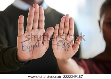 Equal pay, gender bias and salary inequality protest in workplace of corporate employees, professional colleagues and job. Pay gap, sexism and unfair financial compensation or payment for woman staff Royalty-Free Stock Photo #2222349187