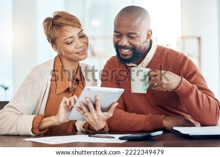 Finance, tablet and black couple doing online banking in home to check bank statement, account and payment. Budget, accounting and middle aged man and woman with documents, paperwork and digital tech Royalty-Free Stock Photo #2222349479
