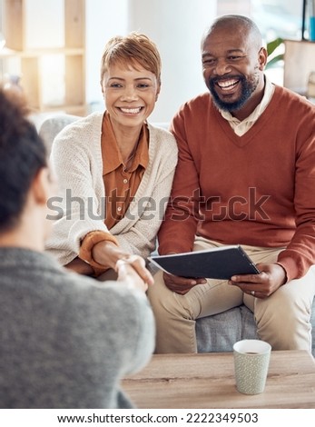 Consulting, planning and handshake with old couple and financial advisor for investment, insurance and retirement savings. Welcome, thank you and deal with man and woman for loan, mortgage or goals Royalty-Free Stock Photo #2222349503