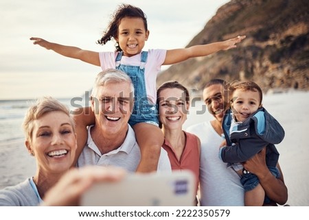 Beach, selfie and happy big family on vacation together in summer by seaside in Australia. Happiness, grandparents and parents with children taking picture with smile on phone while on travel holiday