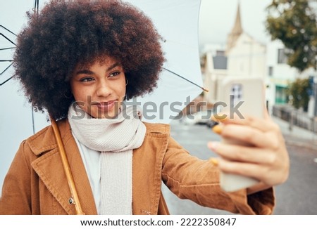 Travel, woman or phone selfie with umbrella in New York city on social media review, video call or live streaming on content creator vlog. Happy, smile or  influencer on vlogger mobile technology Royalty-Free Stock Photo #2222350847