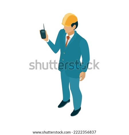 Isometric oil industry workers composition with industrial image on blank background vector illustration