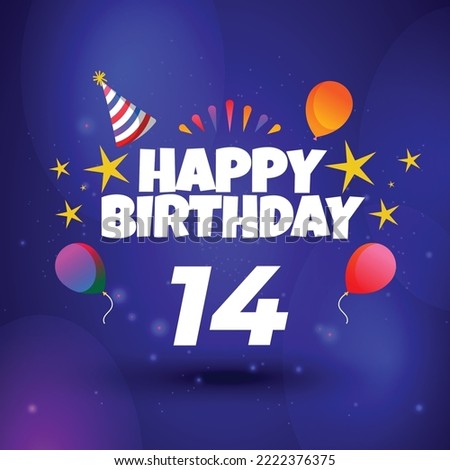 Happy 14th birthday hand drawn vector lettering design on background of pattern with stripes. Perfect for greeting card.
