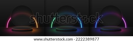 Set of realistic black 3D cylinder podium with red, green, blue glowing circle neon lighting lines and round backdrop. Futuristic minimal wall scene. Mockup products, Stage showcase, geometric forms.