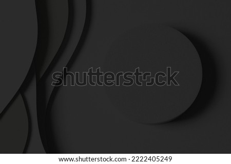 Empty round geometric shape cylinder podium platform on paper cut abstract pure black minimal geometric shape background. Top view mock up for product display Royalty-Free Stock Photo #2222405249