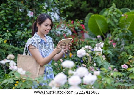 Woman use mobile phone to take photo in flower garden