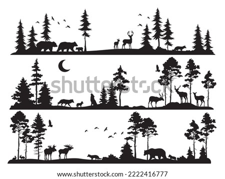 Set of silhouette forest scene. Collection of woodland animal in spruce forest. Nature landscape. Vector illustration of panorama with poplar trunks and crowns. Royalty-Free Stock Photo #2222416777