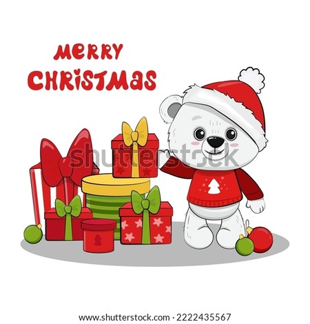 christmas greeting card with polar bear and gifts.Cute cartoon polar bear. Vector illustration