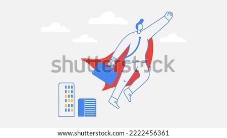 Flying Winner super businessman wearing red cape, Dynamic career design concept, doodle hero, succes,  successful leader, winner, champion, manager, ceo, cartoon character, superman, strong, clever