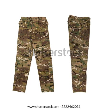 Camouflage military pants. Soldier clothes. Isolate on a white background.