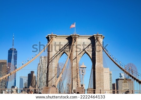 Brooklyn bridge connecting Brooklyn island with financial district on Manhattan, New York, United States of America