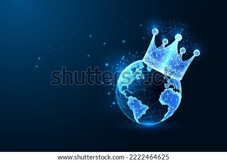 Futuristic planet Earth map globe and crown view from space in glowing low polygonal style on dark blue background. Conceptual land page template. Modern abstract connection design vector illustration