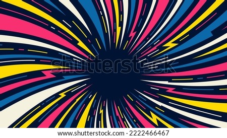 Pop art comic fast speed lines. Radial colored lightning directed to the center of the screen. Dynamic vector background wirh super hero explosive speed lines. Royalty-Free Stock Photo #2222466467