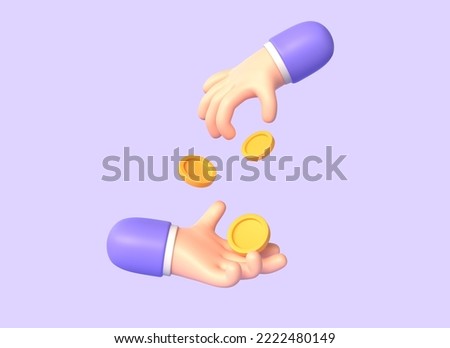 3d cartoon character hands give and take gold coins. concept of payment or purchase, business apps. illustration isolated on purple background. 3d rendering