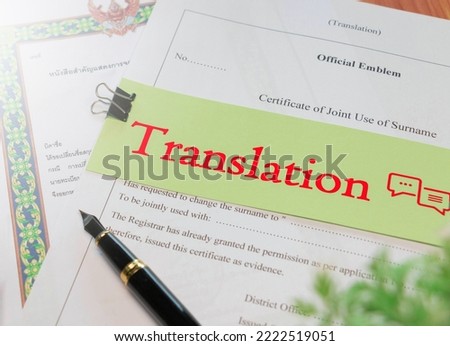 red translation text over English official translation paperwork for service