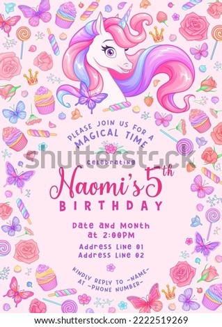Unicorn party birthday invitation template with flowers, butterflies and candies. Vector illustration on pink background. Full size objects under the clipping mask.
