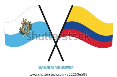 San Marino and Colombia Flags Crossed And Waving Flat Style. Official Proportion. Correct Colors.