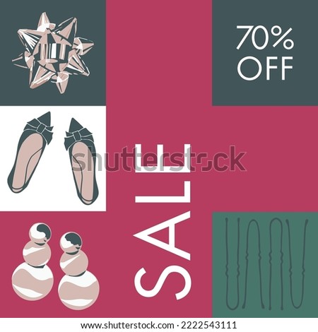 Seventy percent off prices, discounts, and sales of shops and stores. Beauty products and trendy clothes and accessories for women. Promotional banner or advertisements. Vector in flat style