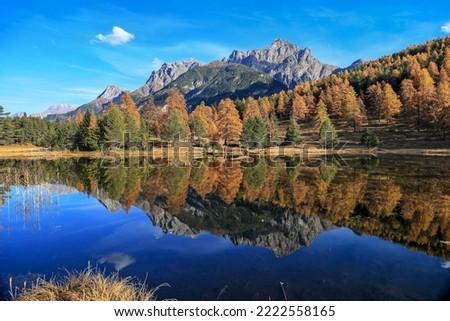 Swiss Alps mountain lake Lai Nair (Black Lake) with refleciton of autumn forest on the hiking trail at Scoul Tarasp, Lower Engadin, Switzerland Royalty-Free Stock Photo #2222558165