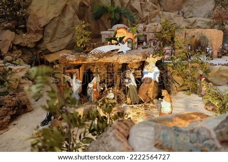 Nativity scene with baby Jesus. The Magi in the nativity scene. Christian tradition has it that Three Kings visited Jesus.