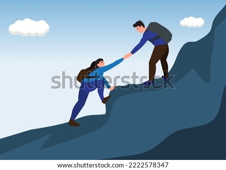 vector illustration of male and female climbers who are helping each other on the way to the top of the mountain