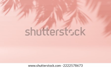 Shadow tropical leaves of palm or fern on pastel pink background. Trendy style for design. Blurred palm leaf shadow wall soft pink background. copy space