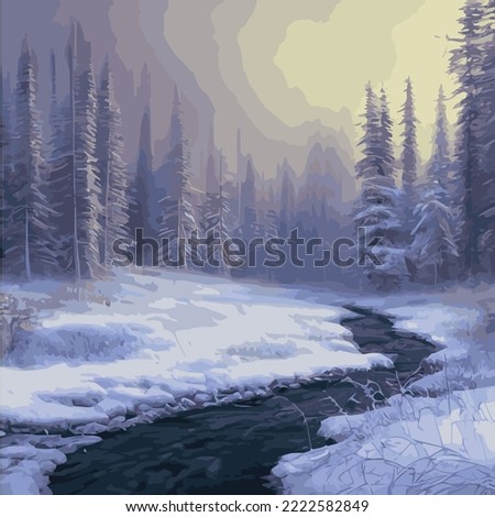 Winter landscape with snowy spruce forest forest vector illustration. Wildlife, frozen, foggy, taiga. Fantasy landscape. Winter in nature forest with spruce, pine and bushes. Christmas holiday