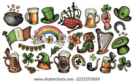 Patricks day symbols or badges collection. Set design elements for Irish holiday decoration. Color vector illustration