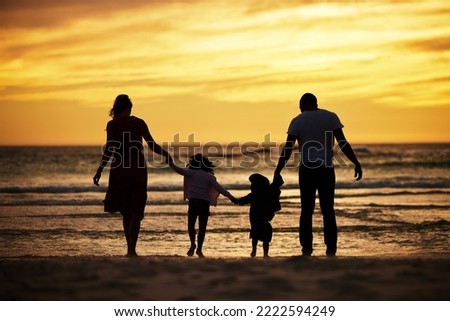 Family, holding hands and silhouette at the beach at sunset, adventure and love with parents and children outdoor. Mother, father and kids together, trust and freedom by the ocean, nature and care.