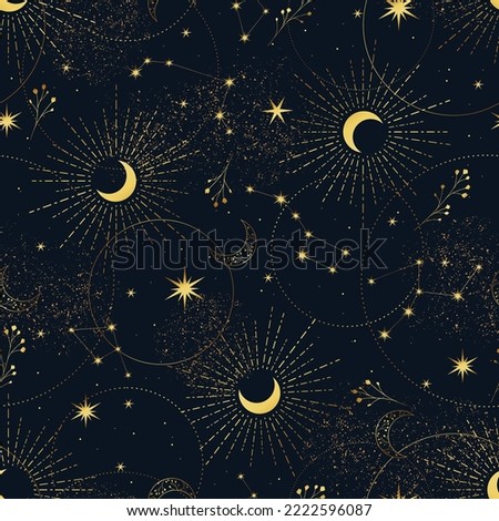 Vector blue seamless pattern with  moon, plants and stars. Mystical esoteric background for design of fabric, packaging, astrology, phone case, wrapping paper. Royalty-Free Stock Photo #2222596087
