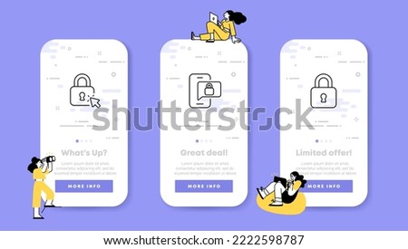 Lock set icon. Password, warning sign, sync, synchronization, phone, unlock, security system notification, shield, gears. Private data protection concept. Vector line icon for Business