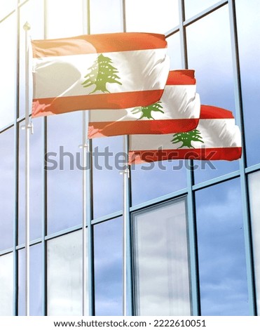 Flagpoles with the flag of Lebanon in front of the business center