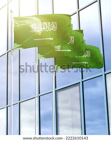 Flagpoles with the flag of Saudi Arabia in front of the business center