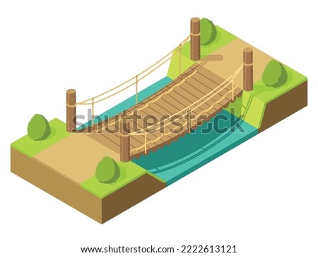 Bridge isometric. 3d isolated drawing element of modern urban infrastructure for games or applications. Bridge across the river with grass and tree, isometric icon. Element infographic Royalty-Free Stock Photo #2222613121
