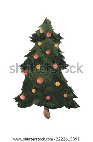 Christmas tree with red Christmas decorations, watercolor illustration, for design, on a white background