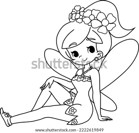 Coloring page outline of Fairy and flower isolated on white background 
