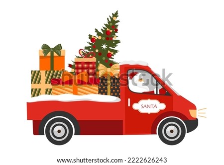 Santa driving a red truck with a Christmas tree and presents. Santa Claus driving a red vintage car delivers Christmas gifts. Illustrated vector element.