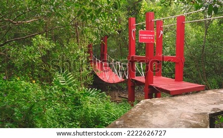 Colorful Red Wooden Suspension Bridge with Nature Walkway in Mangrove Forest at Natural Parkland