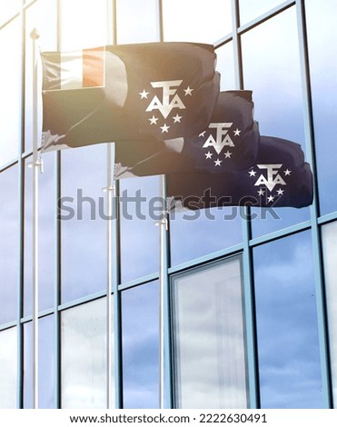 Flagpoles with the flag of French Southern and Antarctic Lands in front of the business center