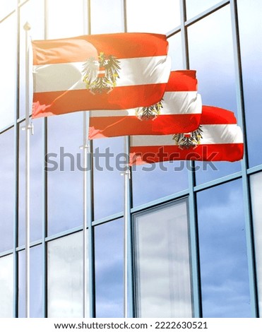 Flagpoles with the flag of Austria in front of the business center