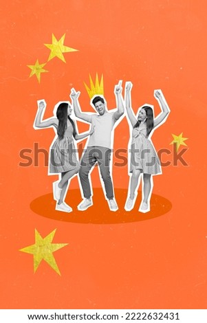 Artwork magazine picture of crazy happy smiling ladies guy having fun together dancing discotheque isolated drawing background