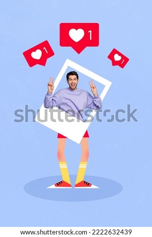 Vertical collage image of crazy funky guy show v-sign inside paper album set card drawing legs like notifications