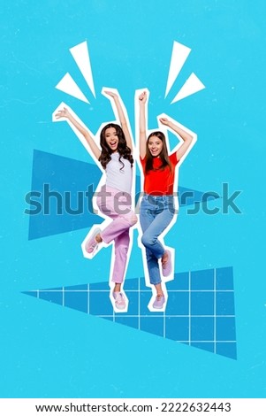 Vertical collage image of two cheerful girls dancing good mood rejoice isolated on painted blue background