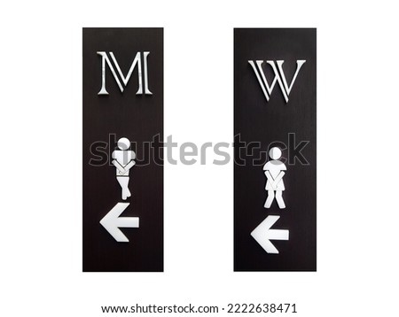 Black wooden of men and women's public toilet sign with direction go restroom or washroom isolated on white background with clipping path and make selection. Symbol or icon for give information.