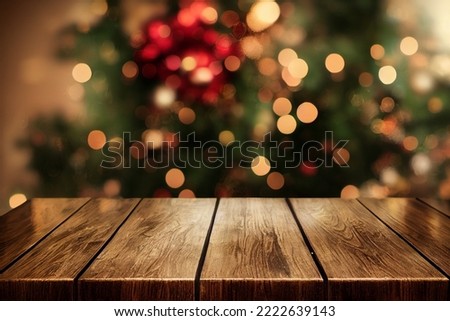 Wooden table with Christmas background. Product presentation, copy space, mock up. 