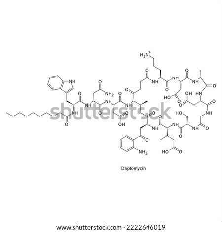 Daptomycin flat skeletal molecular structure Lipopeptide antibiotic drug used in treatment. Vector illustration. Royalty-Free Stock Photo #2222646019